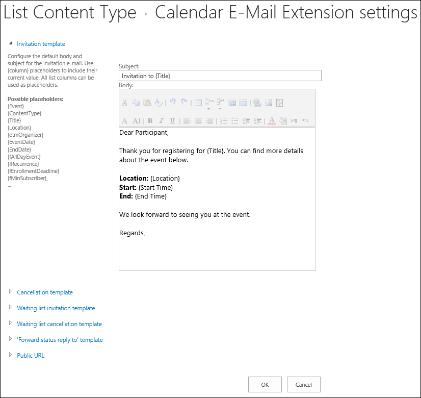 Calendar Email Extension settings