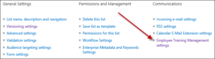Employee Training Management settings