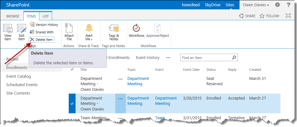 Delete item in enrollments list Delete item in enrollments list