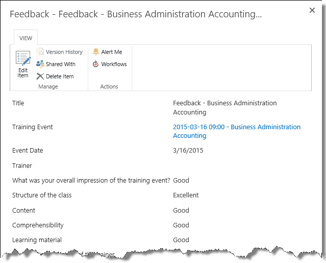 Feedback item window