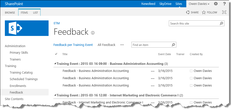 Feedback screen