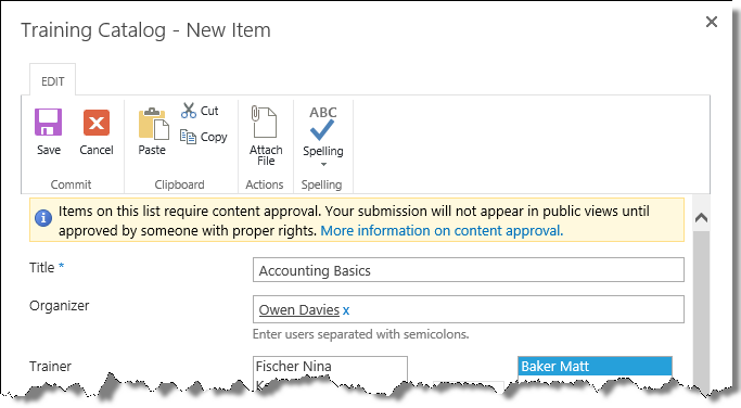 New item window in training catalog with content approval