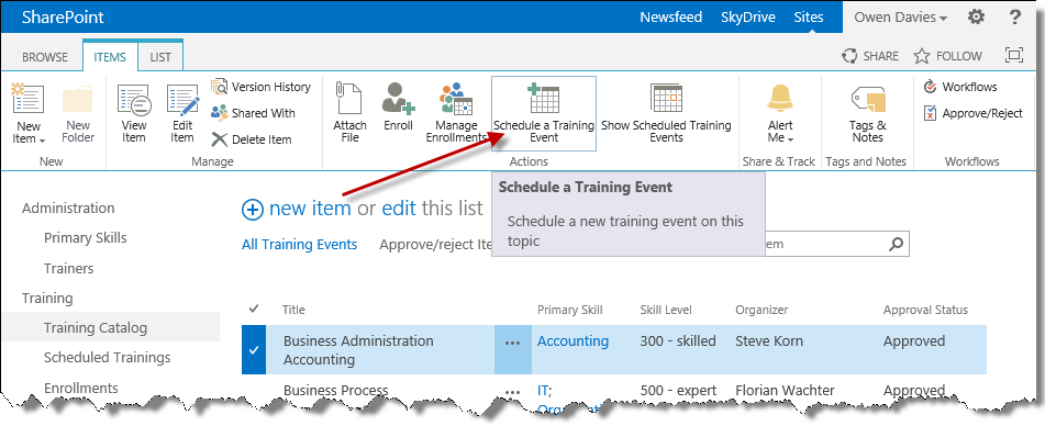 Schedule a training event from training catalog