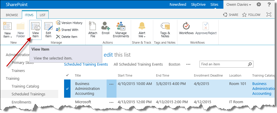 View item in scheduled trainings