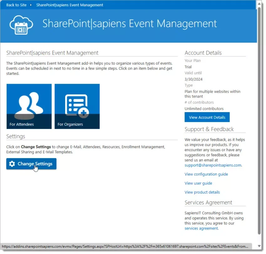 Click on Change Settings to start the initial configuration