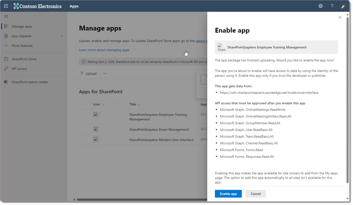 Enable an app in the apps site to make it available for site owners