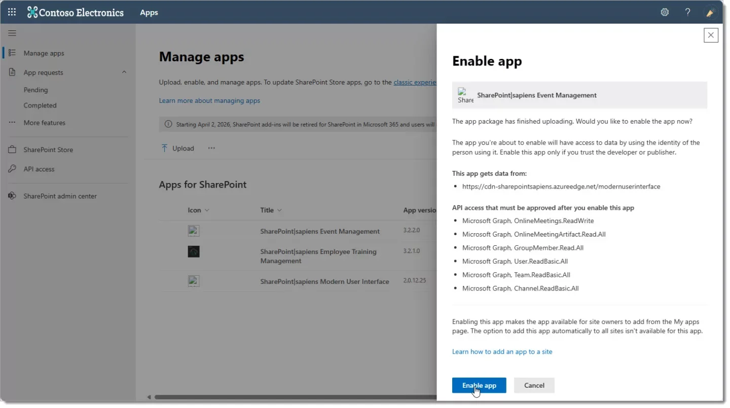 Enable the Event Management app in the Apps site