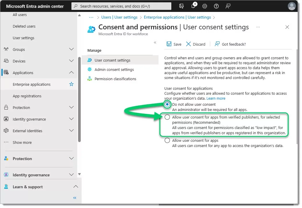 Configure Entra ID Enterprise Apps user settings to let them consent permissions requested by low-risk apps