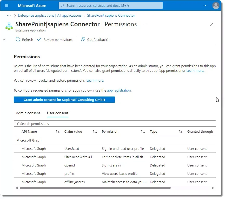 sharePoint|sapiens Connector Enterprise Application permissions